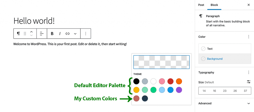 Screenshot of the Block Editor Extended with a Custom Color Palette via Plugin Code