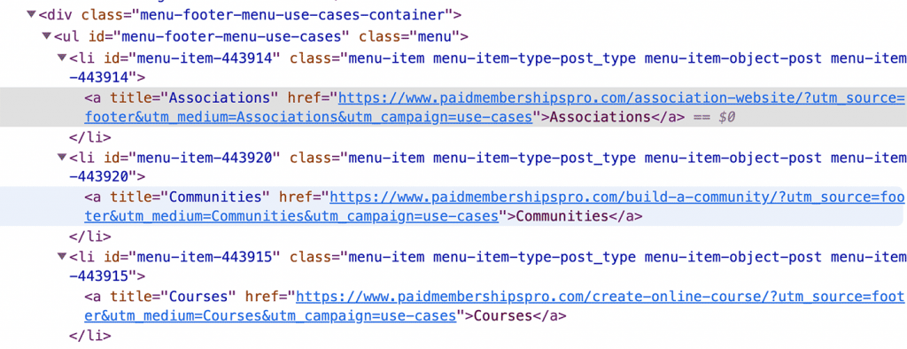 Screenshot of menu items with UTM parameters added via filter